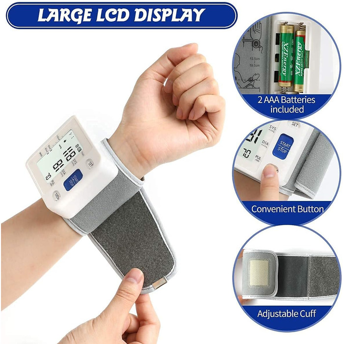 Автоматичний тонометр на зап'ястя: регульована манжета, 2 AAA батарейки, чохол. Виявлення нерегулярного серцебиття, пам'ять на 99 вимірювань, великий LCD-дисплей, білий/блакитний