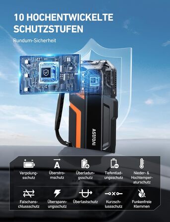 AstroAI MF16 6000A Powerbank для старту авто з компресором 150 PSI, 6000A, 12V, для бензинових/дизельних авто, мотоциклів, SUV, з LED-дисплеєм, помаранчевий