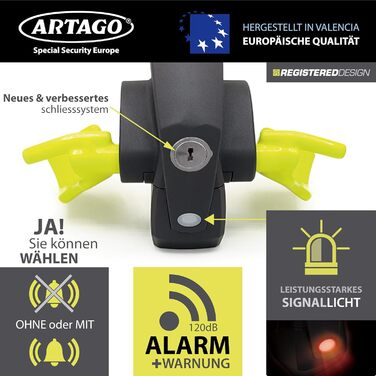 ARTAGO 870 Блокіратор керма 2-в-1 з сигналізацією 120дБ і LED, протиугінний замок для авто, на кермову спицю, преміум якість
