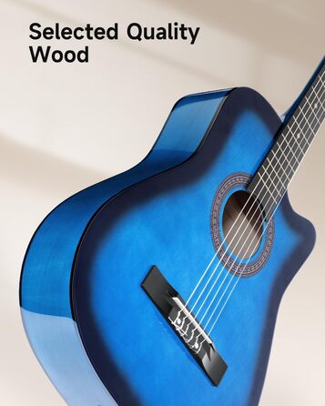 Акустична гітара Moukey для початківців, дітей, підлітків та дорослих, 38 дюймів, блакитна. Комплект з чохлом, тюнером, медіатором, каподастром та нейлоновими струнами