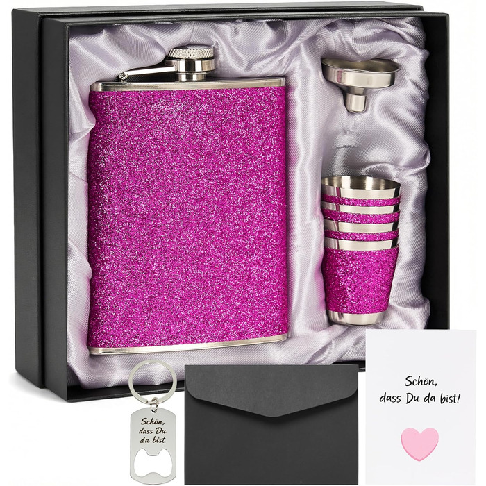 Персоналізований набір фляг 8oz з гравіюванням – фляга з нержавіючої сталі, 4 склянки, воронка та подарункова коробка для дружків, подарунок на весілля для чоловіків та жінок (Рожевий)