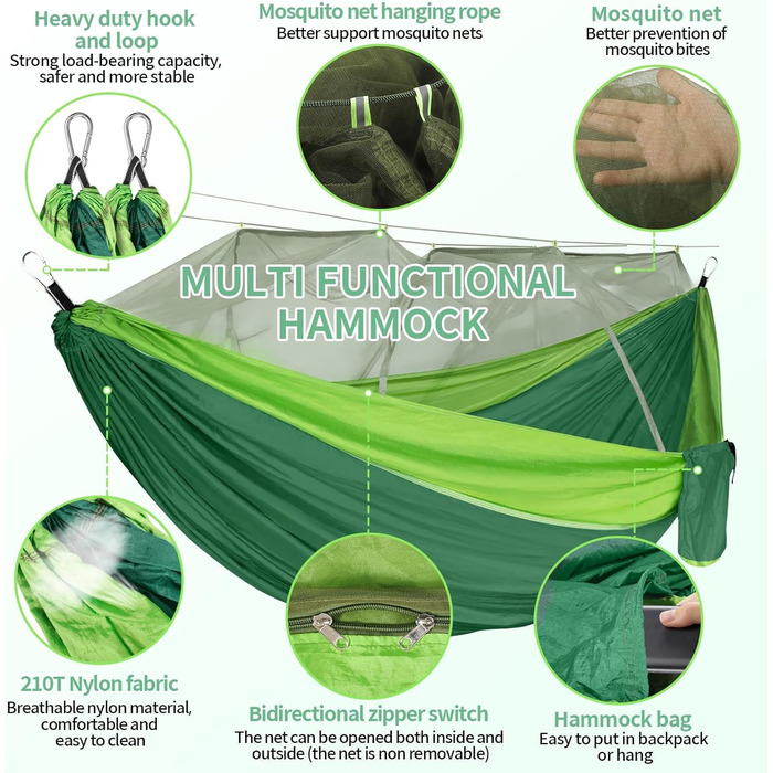 Гамак CIRULLI з москітною сіткою 260x140 см, вантажопідйомність 300 кг, парашутний нейлон, для кемпінгу, саду