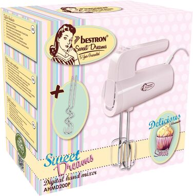 Міксер ручний Bestron Power з 6 рівнями, Turbo-функцією та LCD-дисплеєм, рожевий (2 вінчики + 2 гаки)