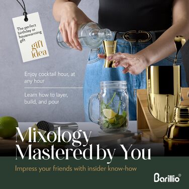 Набір для бармена Barillio: шейкер, мікшер, аксесуари для коктейлів, бамбукова підставка, дозатор для лікеру, стіл для мохіто, дерев'яний пестик, ложка для перемішування, джиггер, рецепти (золотий)