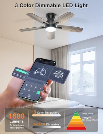 Стельовий вентилятор Ohniyou з підсвічуванням 106 см, пульт/APP, чорний. Тихий DC мотор, для спальні та кухні, димування