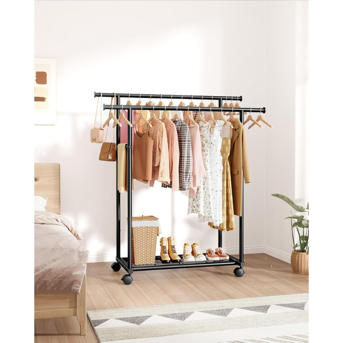 Стійка для одягу на колесах з подвійною перекладиною та сітчастим дном, 98 x 42 x 150 см, Чорний