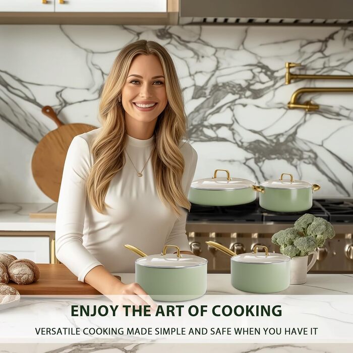 Набір посуду RIOVARM з нержавіючої сталі з антипригарним покриттям Ceramic, 6 предметів: каструлі, сковороди, соусники, шпатель. Посуд для кухні