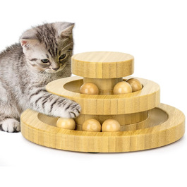 Cat toy self-entertainment, interactive cat toy made of bamboo, THREE tiers, rotating, smart track ball, swing roller with bells (Bamboo turntable)
