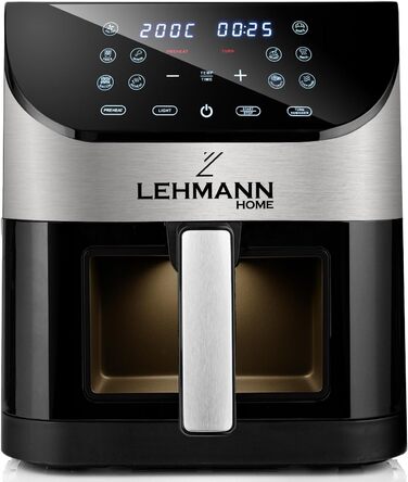 Електрична фритюрниця LEHMANN 6L з прозорим вікном, 1500 Вт, 12 програм, регулювання температури 76-200°C, таймер, LED-дисплей, фритюрниця без олії для приготування на грилі, випікання та смаження