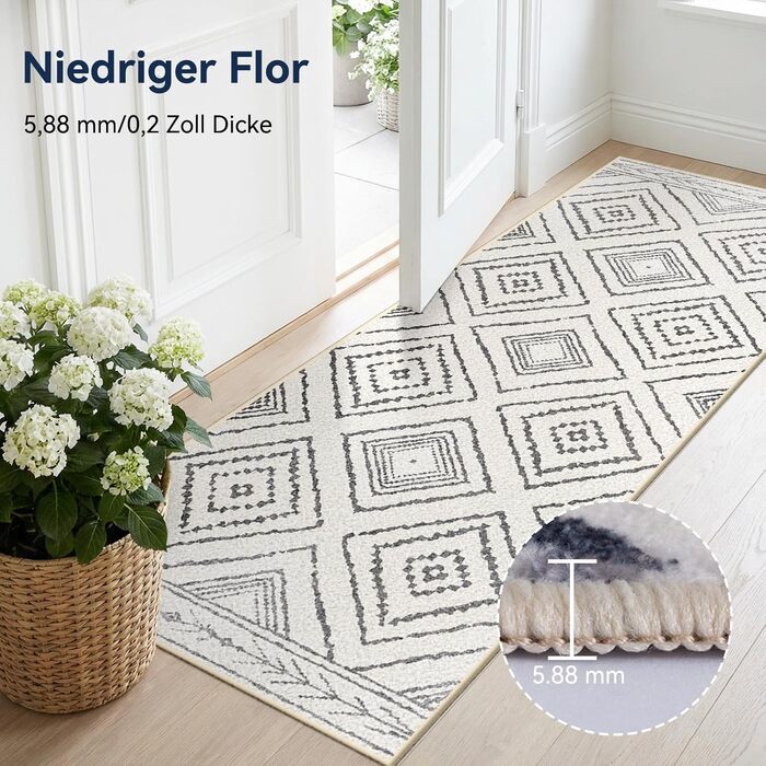 Килимок-довгий килим для коридору 60 x 180 см, неслизький для кухні, з коротким ворсом, пральний, складаний, у стилі бохо – для коридору, кухні, вітальні та офісу, чорно-білий 60 x 180 см