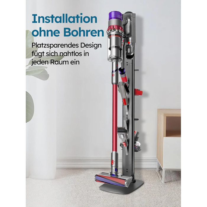 Підставка для пилососів Dyson G5, V15, V12, V11, V10, V8, V7, V6, металева з 4 гачками та 4 полицями, без свердління, стійка, підлогова, приховане кріплення кабелю, темно-сірий