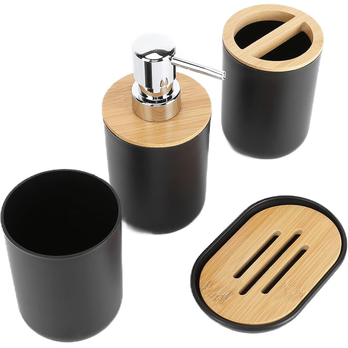 Набір аксесуарів для ванної кімнати на 4 частини (тримач для зубних щіток, мильниця, дозатор для лосьйону, стакан для ополіскувача), сучасний дизайн, чорний колір