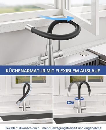 Кухонний змішувач Dayone з висувним виливом, нержавіюча сталь SUS304, високий тиск, 360° обертання, 2 функції, для кухні