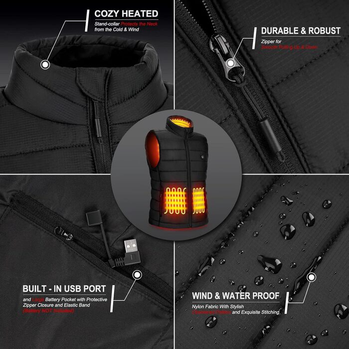 AGUG Тепла жилетка для чоловіків/жінок, електрична жилетка з підігрівом, 3 режими температури, для активного відпочинку, катання на конях, лижного спорту, кемпінгу (без Powerbank), розмір M