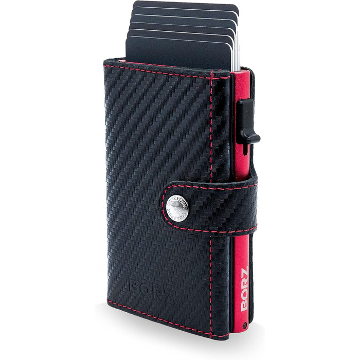 Крутий чохол-картхолдер BORZ Prime для AirTag з відділенням для монет, цифровою візитною карткою, захистом RFID, карбоном та червоною строчкою. Slim, шкіряний, з червоною строчкою.