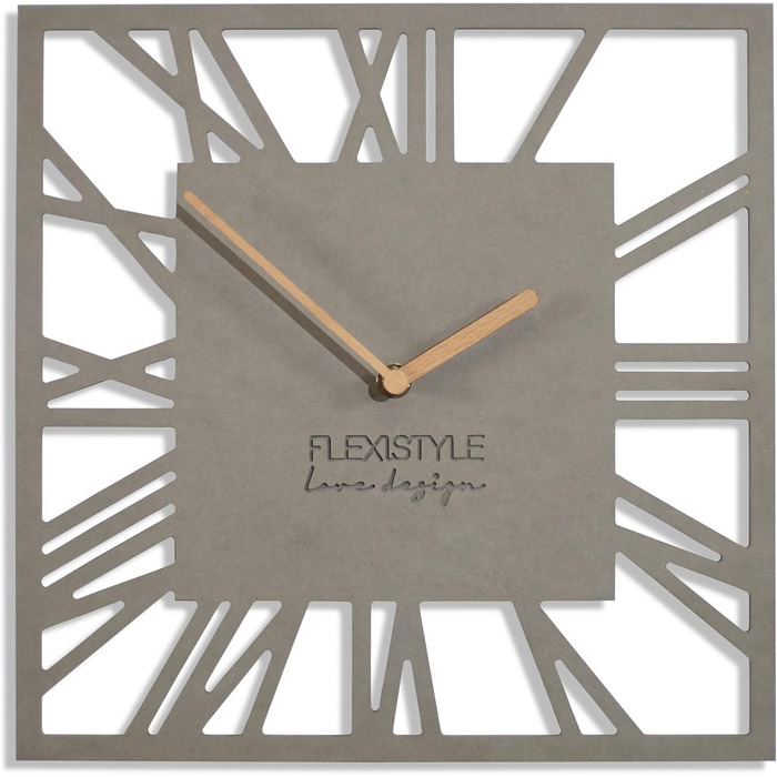 FLEXISTYLE Wall Clock No Ticking Sound Modern LOFT Piccolo Square 30cm Living Room Bathroom, z219n (Gray)