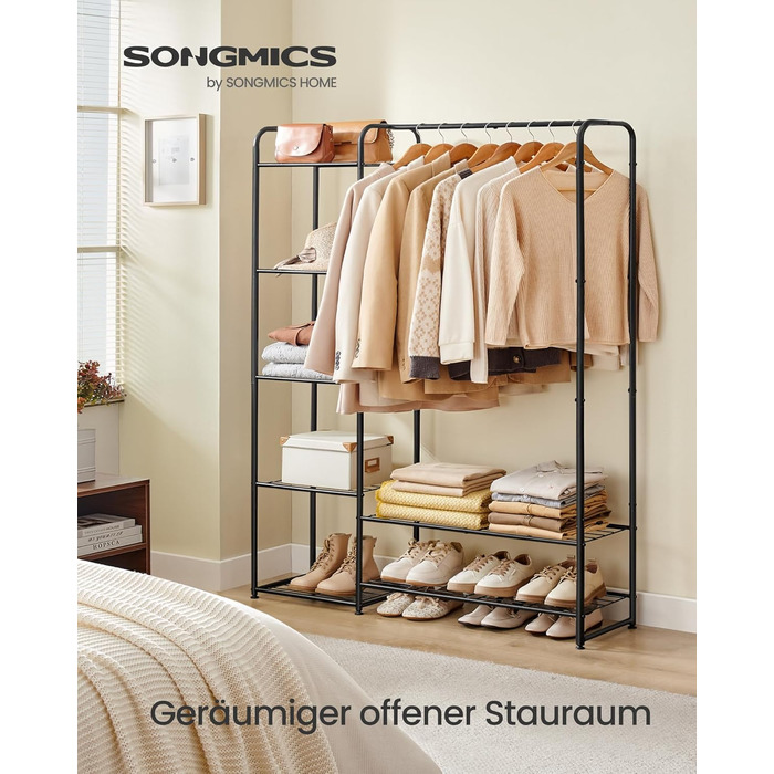 SONGMICS Clothes Rack, Open Closet, Clothes Rail, Coat Rack with Shelves, Metal Wardrobe, Freestanding, Matte Black LGR462B01