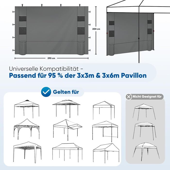 Sekey 1PCS Side Walls for Gazebo 3x3 Waterproof, Winterproof with Storage Compartments, Side Walls for Gazebo Party Tent Garden Tent 3x3m, Grey