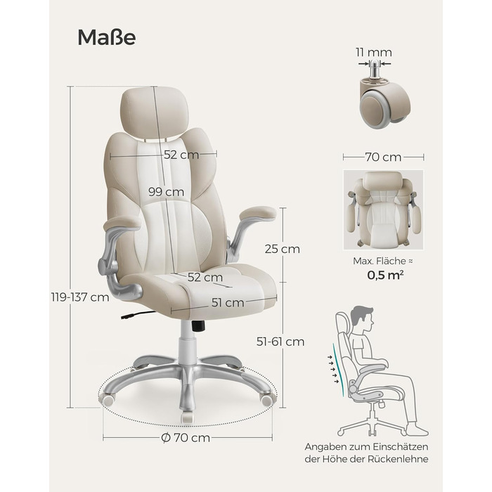 Крісло офісне SONGMICS, ігрове, регульована спинка, гойдалка, USB, підлокітники, ролики, регульована висота, OBG65BK (Крем-білий)