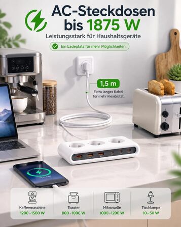 Мережевий фільтр 9-в-1: подовжувач на 3 розетки та USB зарядна станція, білий