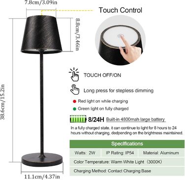 LED настільна лампа K-Bright з димуванням, акумуляторна | Для дому та вулиці | 3000K тепле світло | Дизайнерська лампа з зарядною станцією (2 шт., мідь)