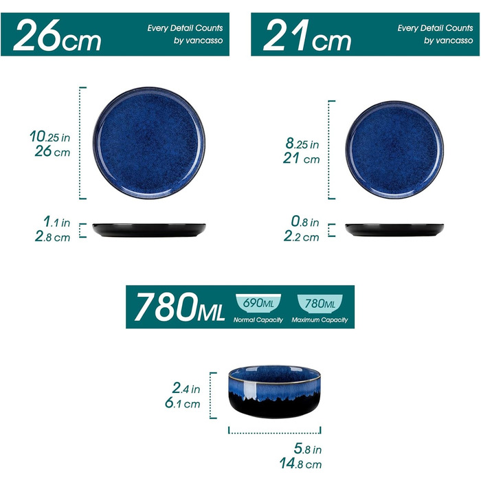 Vancasso Starry Blue 24-Piece Stoneware Dinnerware Set for 6 - Complete Tableware Set with Plates, Bowls & Serving Dishes