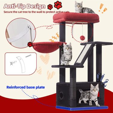Драбина для котів Taoqimiao Klein, 98 см, з будиночком, корзиною, 4 стовпчиками для шліфування та іграшками, MS029SW (Чорний + Червоний)