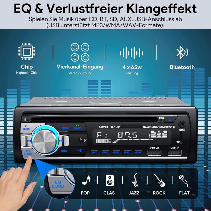 Автомагнітола CENXINY 1 DIN з Bluetooth, CD, RDS, FM/MP3, 2 USB для музики та зарядки, гучний зв'язок