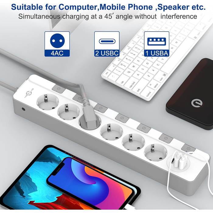Мережевий фільтр KEPLUG з USB, 4000W, 16A, 6 розеток, білий