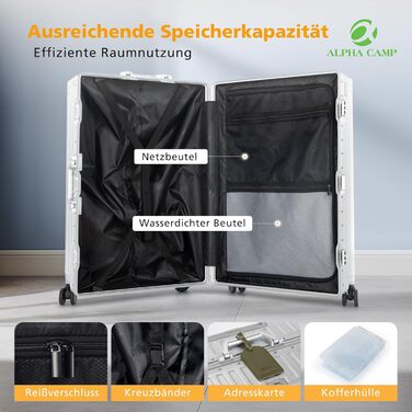 Чемодан ALPHA CAMP XL з алюмінієвим каркасом та полікарбонатною жорсткою оболонкою, TSA-замок, 40x36x77 см, 93 л, срібний