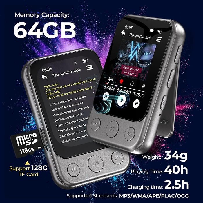 MP3-плеєр 64GB Bluetooth 5.3 з кліпсою та динаміком, спортивний музичний плеєр з сенсорним екраном та кнопками, регулятор гучності, FM-радіо, запис голосу, розширюється до 128GB, чорно-коричневий