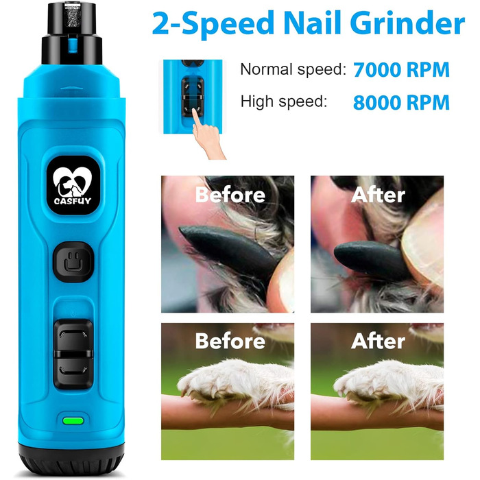 Електричний точило для кігтів собак та котів Casfuy з LED-підсвіткою, 2 швидкості, тихий, для собак та котів малих та середніх порід (Скай Блю)