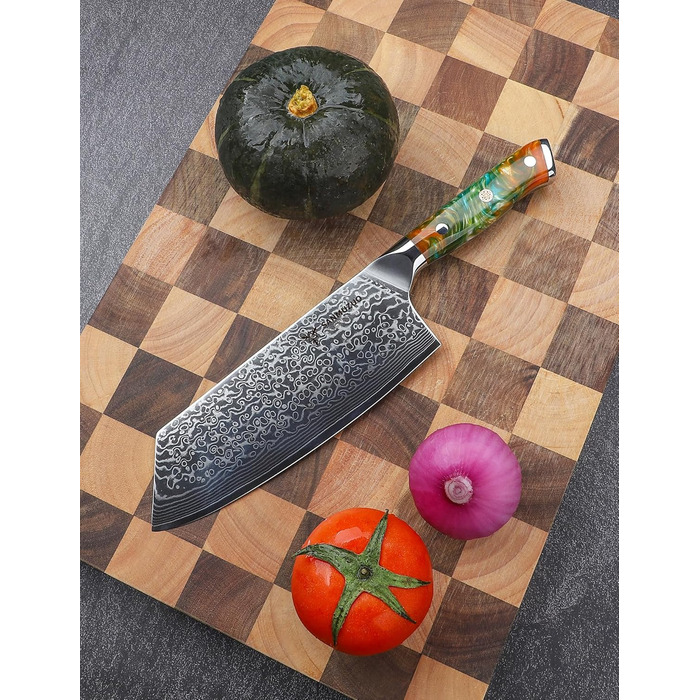 Японський ніж Nakiri Sanmuzuo Xuan Serie 19 см, Дамаск, VG10 сталь, ручка з гірської смоли (Dream Orange)