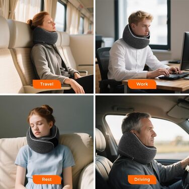 Подушка для шиї у подорожах: Memory Foam, регульована, з навушниками та маскою для сну (темно-сірий)