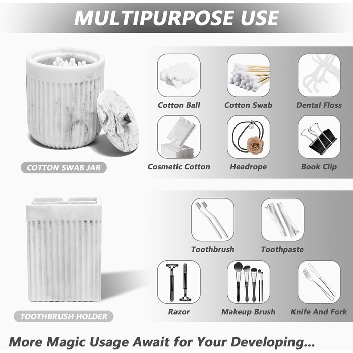 Набір аксесуарів для ванної кімнати XLHOMO з штучного каменю, 5 предметів: диспенсер для лосьйону/мила, тримач для зубних щіток, чашка для ванної кімнати, контейнер для ватних паличок та піднос для туалету, органайзер для дому, світлий (мармур)