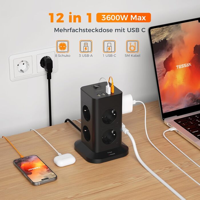 Розподільник розеток TESSAN з 8 розеток, 2 USB-C, захистом від перенапруги, 4 USB, вимикачем та кабелем 2м (3600W) для офісу (сірий/білий)