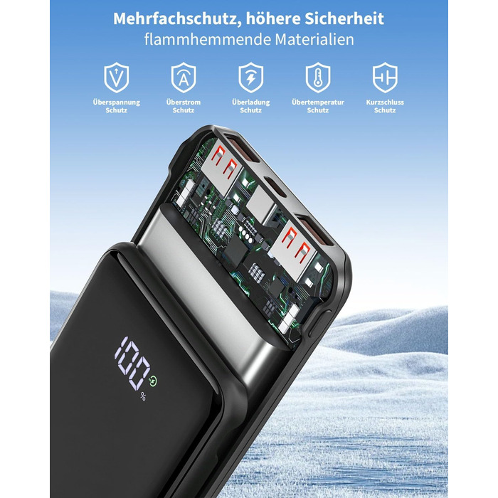 Портативний зарядний акумулятор Power Bank 20000mAh з швидкою зарядкою 22.5W, LCD дисплеєм, 1 USB-C та 2 USB-A, для iPhone 17/16/15/14/13 та смартфонів, чорний