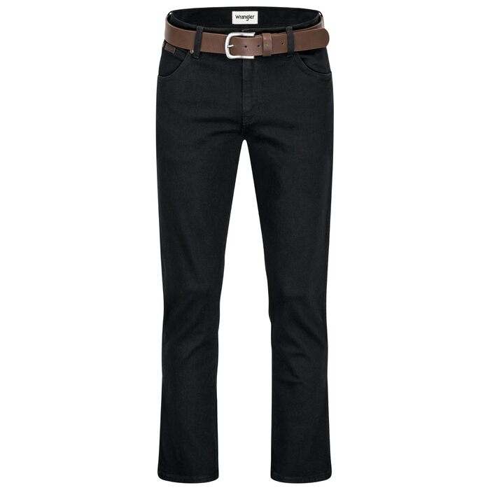 Джинси чоловічі Wrangler Texas Regular Fit Authentic Straight, еластичні, з ременем (38W/34L, Black Overdye + коричневий ремінь)