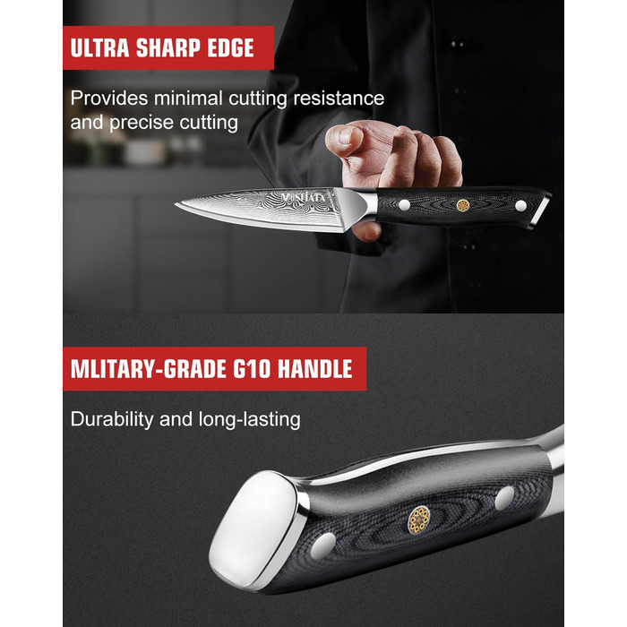 Набір кухонних ножів MOSFiATA Damast - 5 предметів з VG10 сталі. Включає: ніж кухарський, сантаку, для хліба, універсальний та для фруктів. Преміум якість, подарункова коробка.