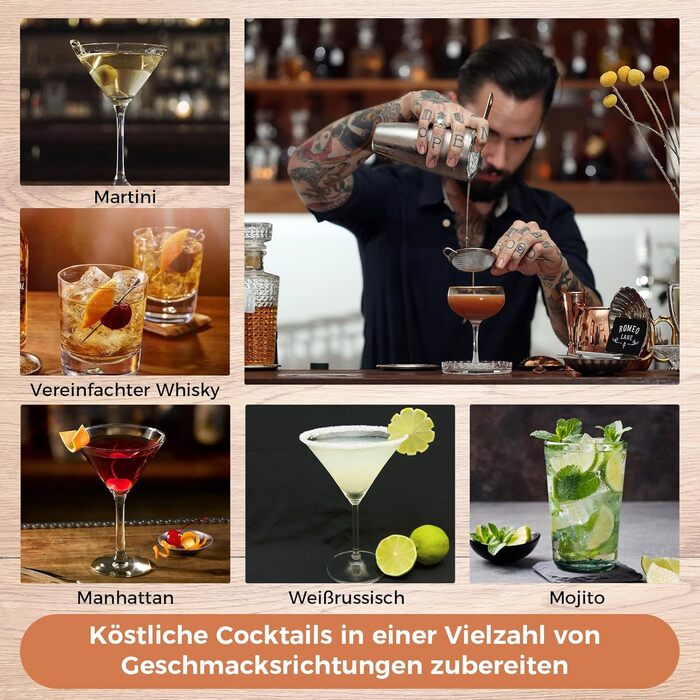 Набір для коктейлів Sosayet, нержавіюча сталь, з аксесуарами та рецептами, 750 мл, для початківців та професіоналів, подарунок для чоловіків (з підставкою)