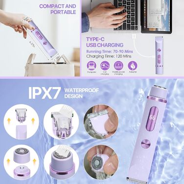 Триммер для бікіні RoserRose 2-в-1 для жінок з LED дисплеєм, водонепроникний (IPX7), Type-C зарядка, набір для догляду за інтимною зоною (фіолетовий)