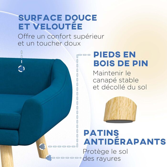 Диван для собак та котів PawHut, блакитний, 102x58,5x42,5 см, з м'яким знімним кріслом, дизайн у скандинавському стилі