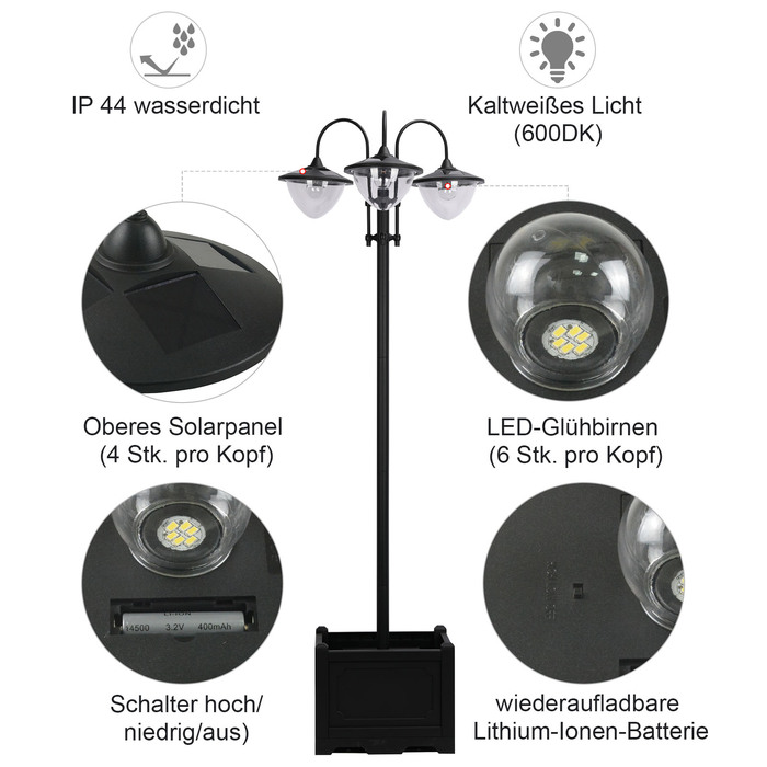 Outsunny Solar Light Garden Light 3-Head Lamp with Flower Pot Base, Waterproof, Stainless Steel, 60x55x189cm | Aosom
