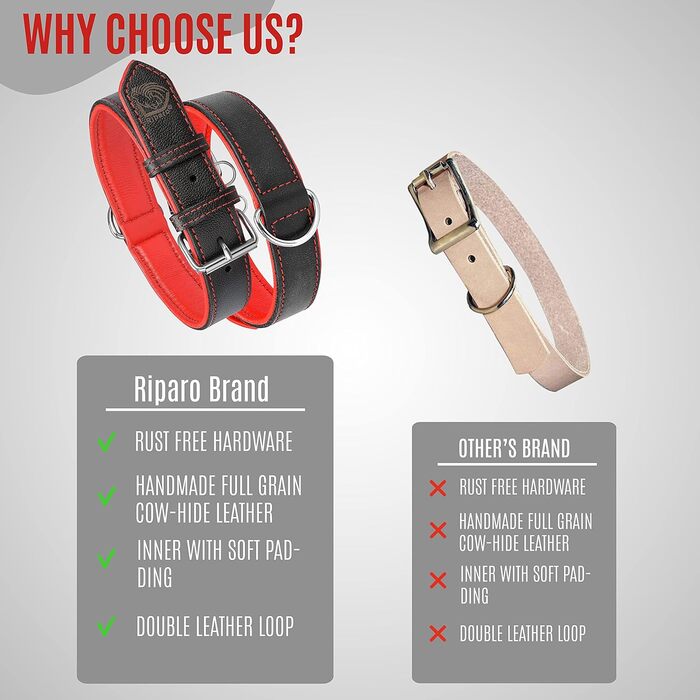Нашийник для собак Riparo з натуральної шкіри, регульований, посилений (L, 3,8 см, чорно-червоний), чорно-червоний
