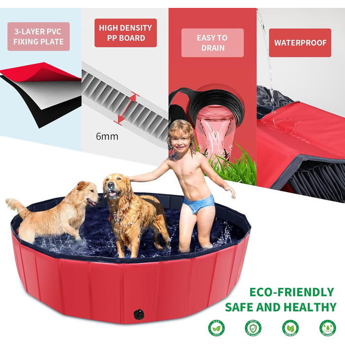 Foldable Dog Pool, 100 x 30.5 inches, Oversized, Hard Plastic, Portable, Swimming Pool for Dogs, Cats, and Children, Pet, Puppy Bathtub, Foldable, Kiddie Pool (red)