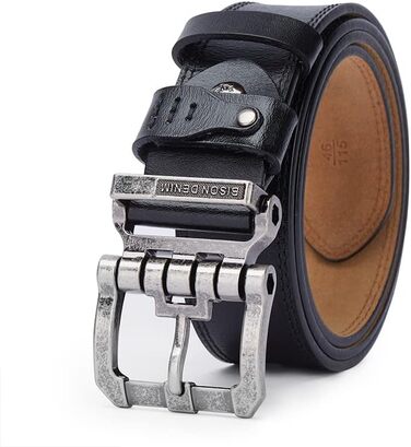 Чоловічий шкіряний ремінь BISON DENIM з надійною пряжкою: класичний, міцний, для джинсів. Довжина 115 см, підходить для об'єму талії 36-39 дюймів.