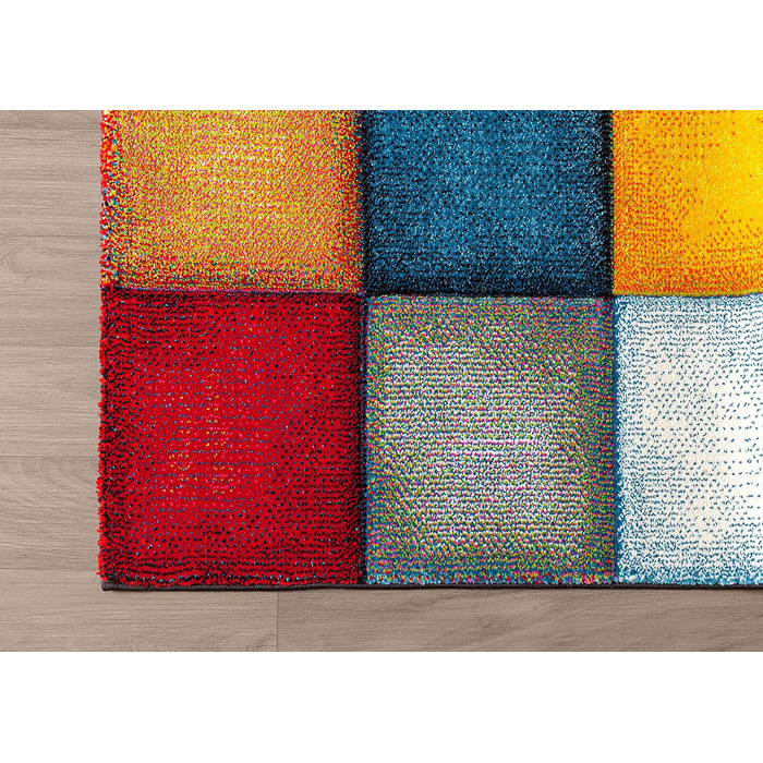Monde Deluxe Living Room Carpet, Hand Carved, Short Pile, Colorful, Multicolored, Blue, Red, Brown, Green, Grey, Checkered, 80 x 150 cm, Multicolored