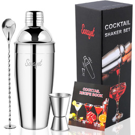 Набір шейкер для коктейлів Sosayet, нержавіюча сталь, аксесуари, рецепти, 750 мл, для початківців та професіоналів, подарунок для чоловіків (3 шт.)
