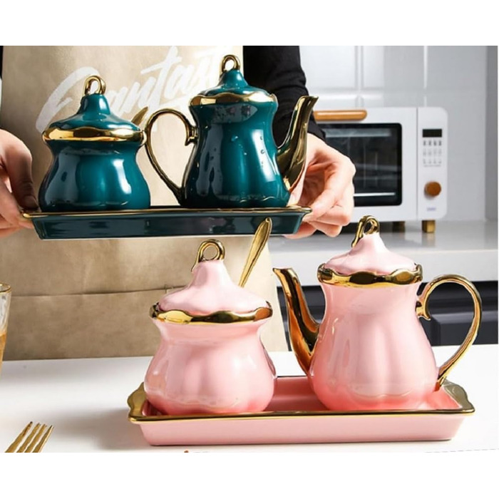 MAGICVOGEL Ceramic Milk Pitcher and Sugar Bowl Set, Sugar Container, Milk Jug with Tray, Spice Jar with Lid and Spoon, Creamer, Coffee Service Set for Home, Cafe, Bar (Green)