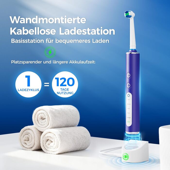 Електрична зубна щітка з круглою головкою Violett Lavendel - 50 000 рухів/хв, 8 насадок, 3 режими інтенсивності, 5 режимів чищення, 120 днів роботи від акумулятора, IPX7, доросла та дитяча, з кейсом для подорожей та тримачем